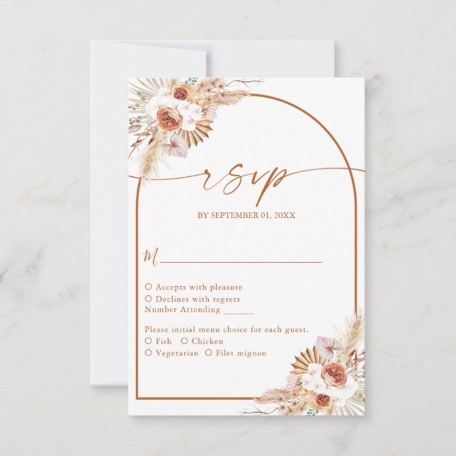 Cartão RSVP Casamento de Boho Terracotta de Pampas Moderno (Frente)