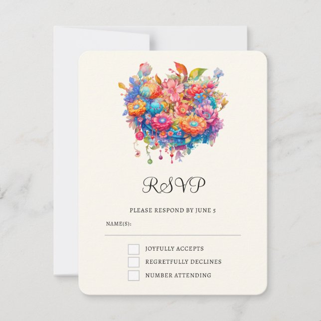 Cartão RSVP Casamento de Boho Whimsical com Buquê de Flor de S (Frente)