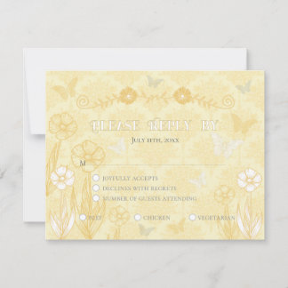 Cartão RSVP Casamento de Borboletas e Flores Brancas Amarelas