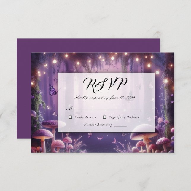 Cartão RSVP Casamento de Borboletas Roxas e Céus Ingleses (Frente/Verso)