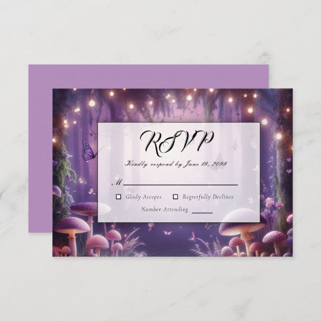 Cartão RSVP Casamento de Borboletas Roxas e Céus Ingleses (Frente/Verso)