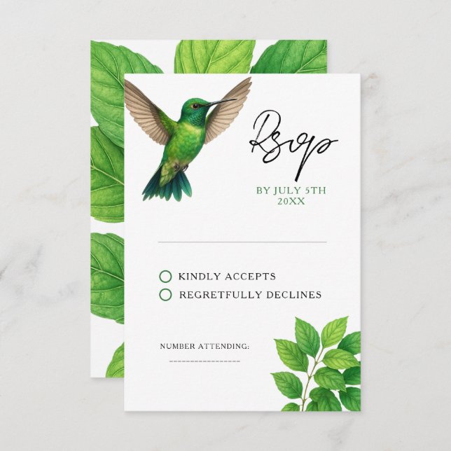 Cartão RSVP Casamento de Borda Botânica de Leafy-Leafy Green H (Frente/Verso)