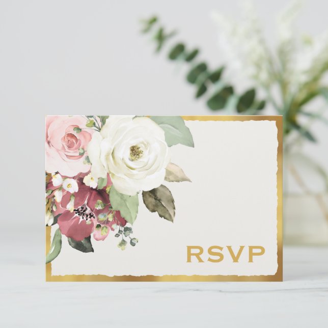 Cartão RSVP Casamento de Borda Dourada Mauve Pink Florals Luxe (Em pé/Frente)