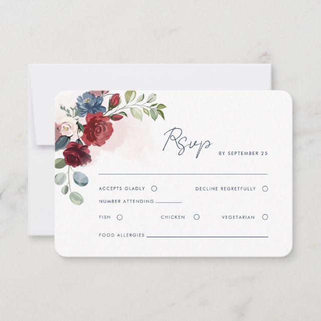 Cartão RSVP Casamento de Borgonha Botânica com Script Floral (Frente)