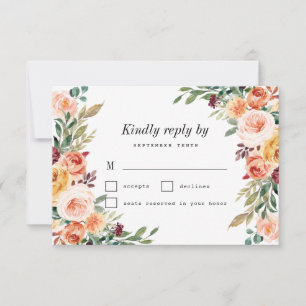 Cartão RSVP Casamento de Borgonha com Blush Floral Elegante
