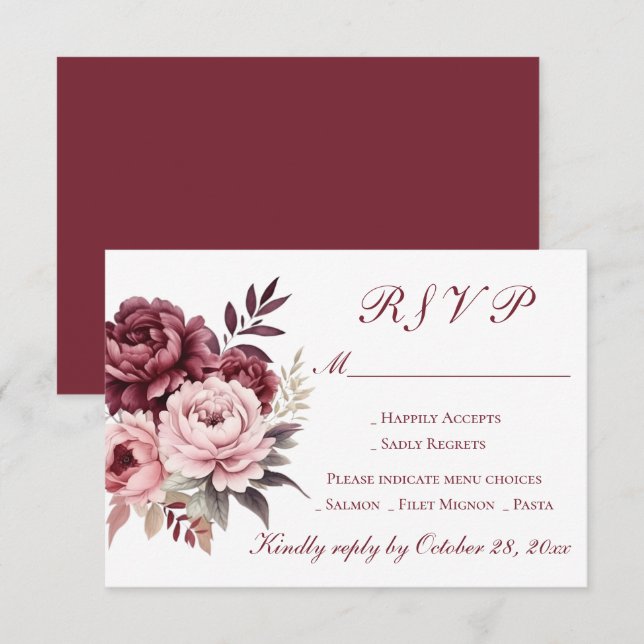 Cartão RSVP Casamento de Borgonha de Peony Floral (Frente/Verso)