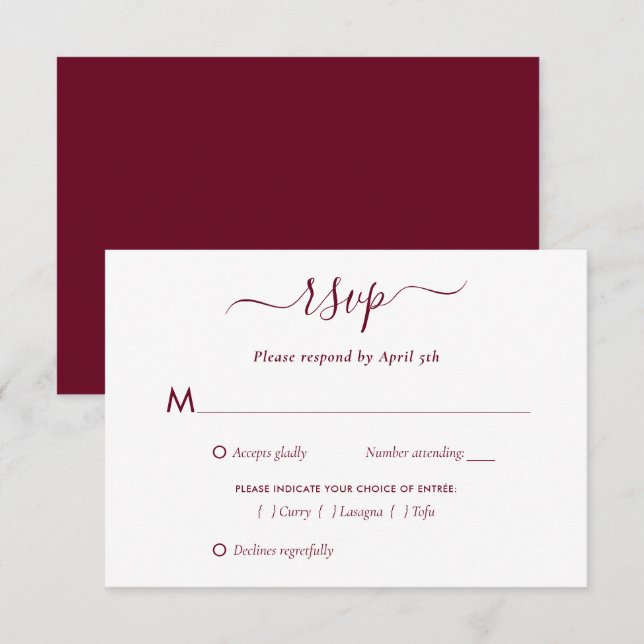 Cartão RSVP Casamento de Borgonha Elegante (Frente/Verso)