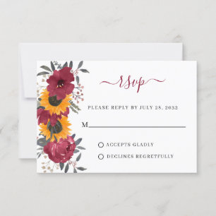 Cartão RSVP Casamento de Borgonha Floral de Girassol Russo Ele