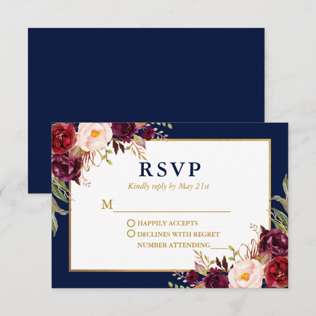 Cartão RSVP Casamento de Borgonha Floral Elegante Dourado Azul (Frente/Verso)
