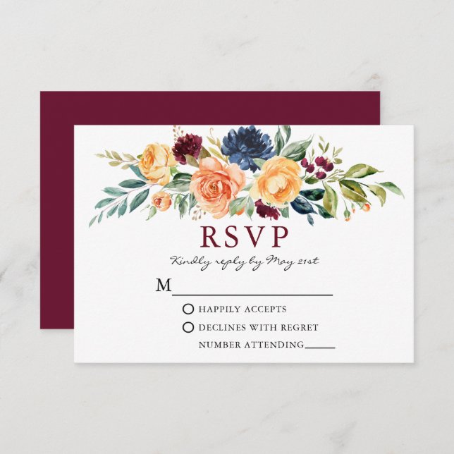 Cartão RSVP Casamento de Borgonha Floral Mistura (Frente/Verso)