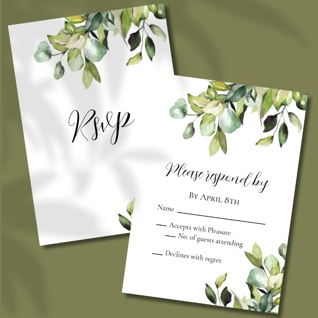 Cartão RSVP Casamento de Botânica Verde Minimalista Elegante (Criador carregado)