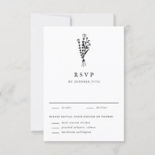 Cartão RSVP Casamento de Buquê Floral Mínimo Moderno Negro
