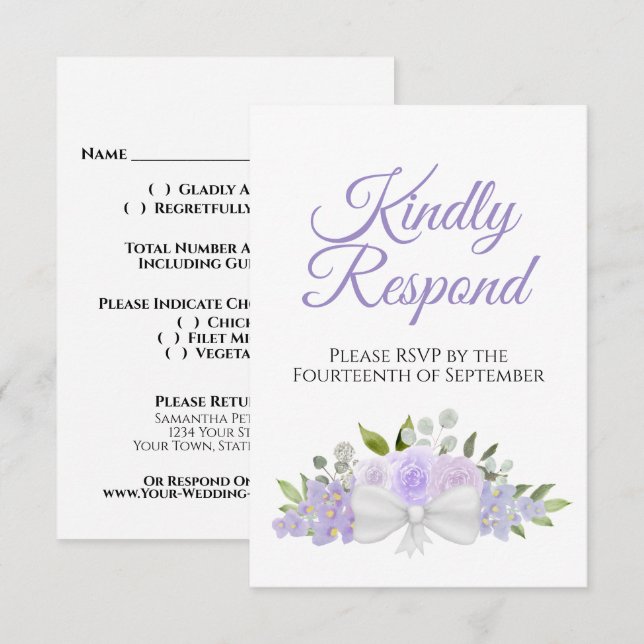 Cartão RSVP Casamento de Buquê Floral Roxo-Lavanda Rústico (Frente/Verso)