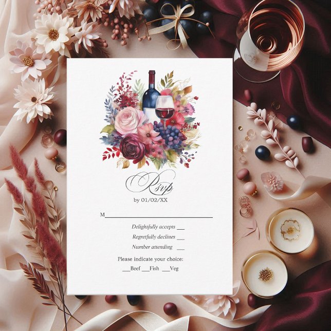 Cartão RSVP Casamento De Burgundy, Marinho E Blush De Vinho Fl (Burgundy, Navy and Blush Floral Wine-Themed Wedding RSVP Card)