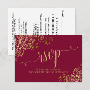 Cartão RSVP Casamento de Burgundy Maroon e Caligrafia Dourada