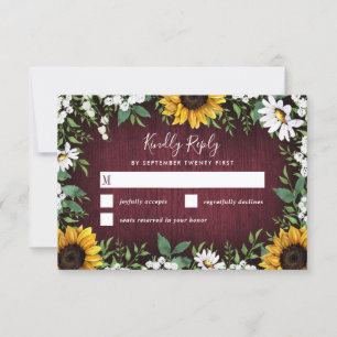 Cartão RSVP Casamento de Burgundy Red Sunflower Greenery Wreat