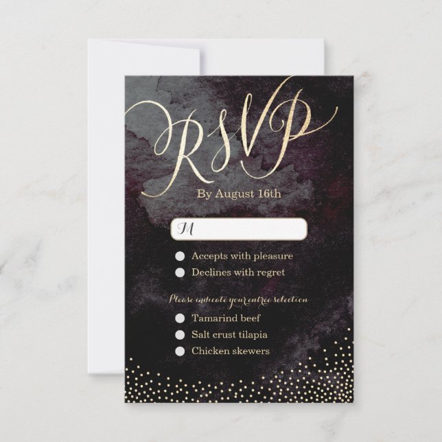 Cartão RSVP Casamento de caligrafia com brilho preto de ouro R (Frente)