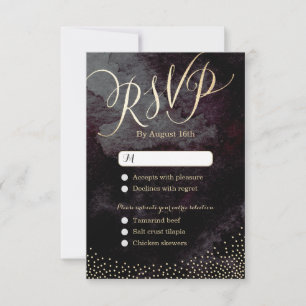 Cartão RSVP Casamento de caligrafia com brilho preto de ouro R