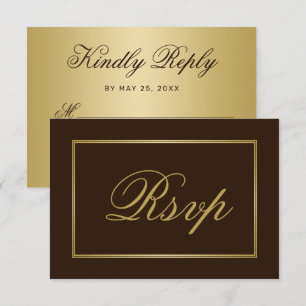 Cartão RSVP Casamento de Caligrafia Dourada Chic Brown