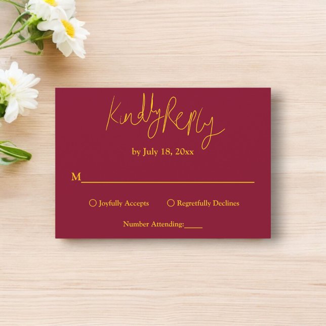 Cartão RSVP Casamento De Caligrafia Dourada E Chic Burgundy (Criador carregado)