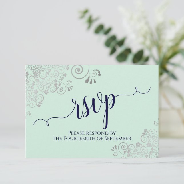 Cartão RSVP Casamento de Caligrafia Elegante Azul Mint Green & (Em pé/Frente)