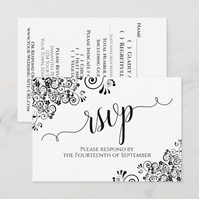 Cartão RSVP Casamento de Caligrafia Elegante Branca e Preta (Frente/Verso)