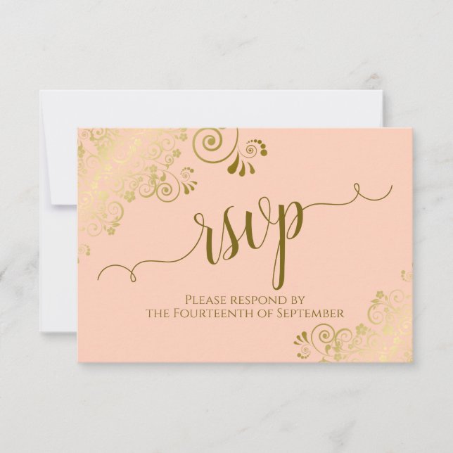 Cartão RSVP Casamento de Caligrafia Elegante Dourada de Lace P (Frente)
