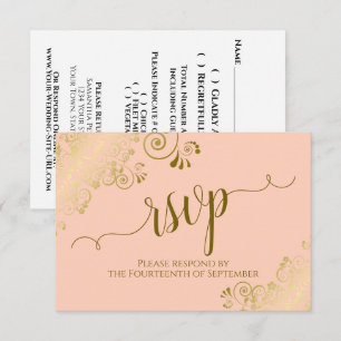 Cartão RSVP Casamento de Caligrafia Elegante Dourada de Lace P