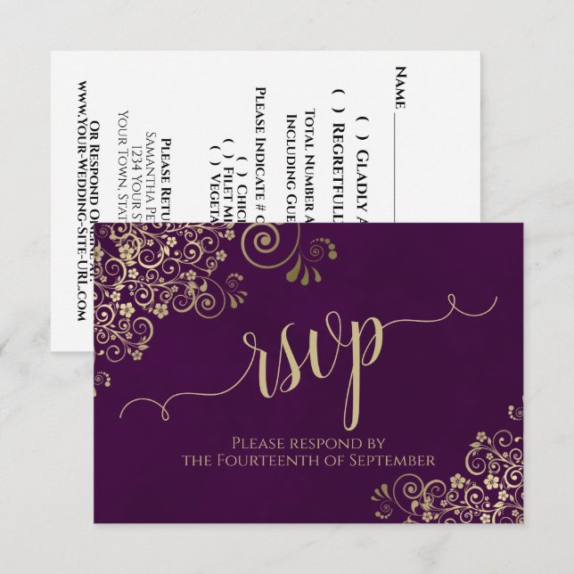 Cartão RSVP Casamento de Caligrafia Elegante Dourada de Roxo d (Frente/Verso)