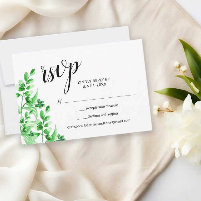 Cartão RSVP Casamento de Caligrafia Elegante em Aquarela Verde (Criador carregado)
