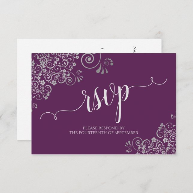 Cartão RSVP Casamento de Caligrafia Elegante Púrpura e Prata (Frente/Verso)