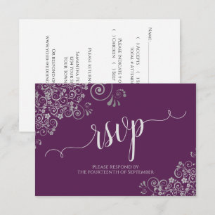 Cartão RSVP Casamento de Caligrafia Elegante Púrpura e Prata