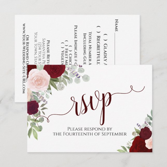 Cartão RSVP Casamento de Caligrafia Floral Elegante (Frente/Verso)