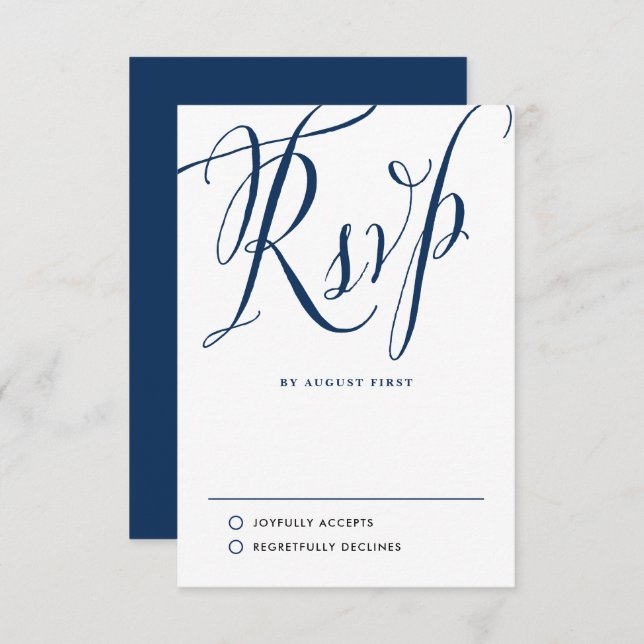 Cartão RSVP Casamento de Caligrafia Russa marinho Azul (Frente/Verso)