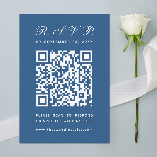 Cartão RSVP Casamento de Caligrafia Simples com Código QR Azul (Criador carregado)