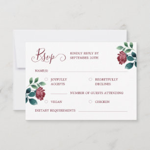 Cartão RSVP Casamento de Caligrafia Vermelha Burgundy Rosas