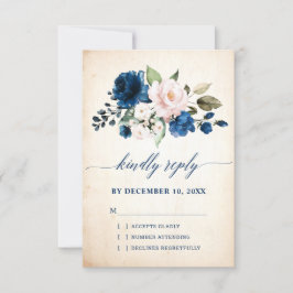 Cartão RSVP Casamento de Campo Russo Floral Rosa de Blush Azul