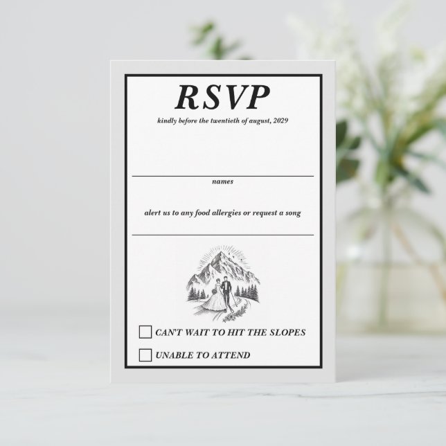 Cartão RSVP Casamento de Casal de Esqui (Em pé/Frente)