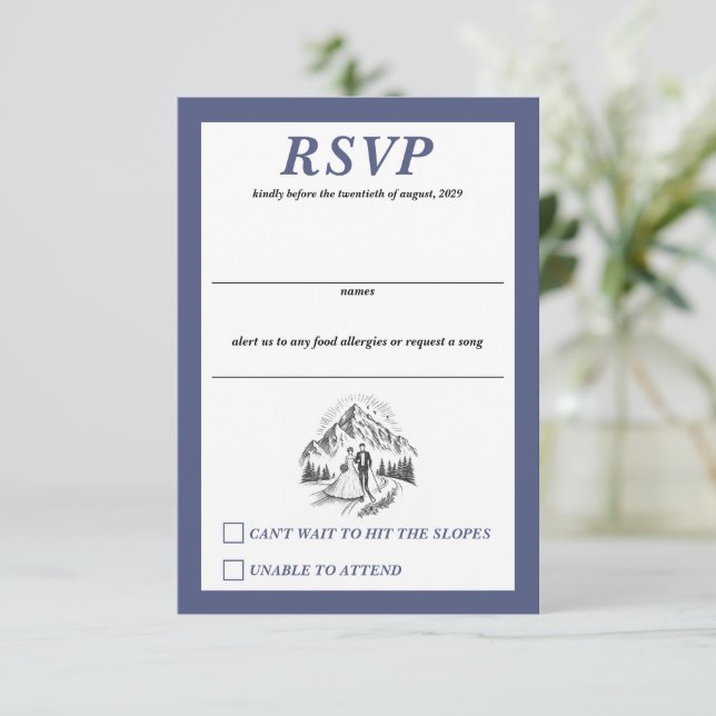 Cartão RSVP Casamento de Casal de Esqui (Em pé/Frente)
