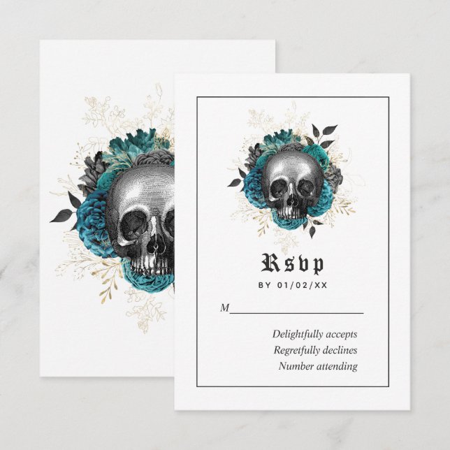 Cartão RSVP Casamento de Caveira Gótica Teal Floral (Frente/Verso)