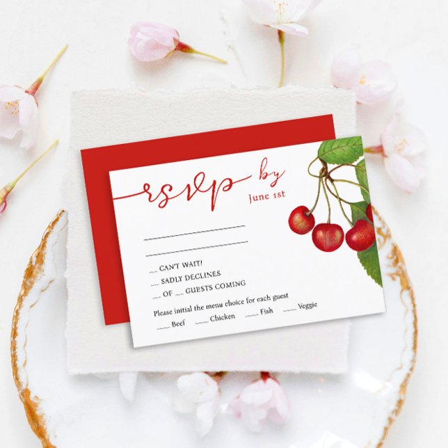 Cartão RSVP Casamento De Cerejas na moda Red E White Bonito (Criador carregado)