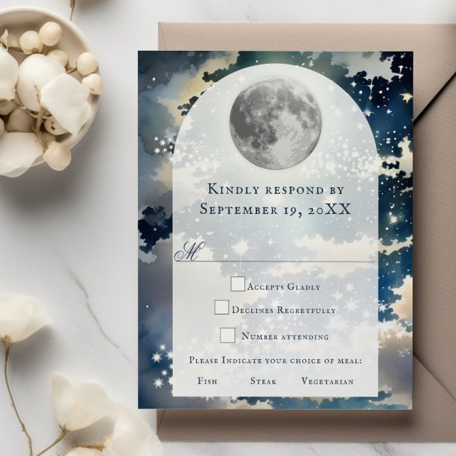 Cartão RSVP Casamento de Céu Noturno Lunar (Lunar Night Sky Wedding RSVP Card)