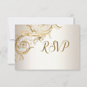 Cartão RSVP Casamento de Champanhe Shiny com Damasco Dourado E