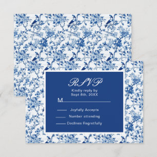 Cartão RSVP Casamento de Chinoiserie Azul Pássaros e Flores