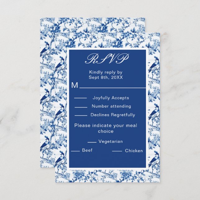 Cartão RSVP Casamento de Chinoiserie Blue Birds and Flowers (Frente/Verso)