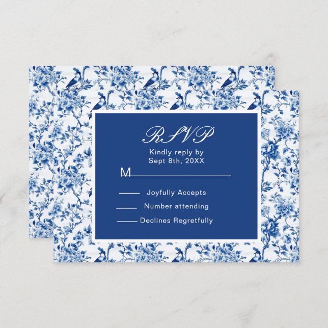 Cartão RSVP Casamento de Chinoiserie Blue Birds and Flowers (Frente/Verso)