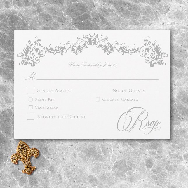 Cartão RSVP Casamento de Chinoiserie Cherub, Cinza de Luz Eleg (Elegant Light Gray Chinoiserie Cherub Wedding RSVP Card)