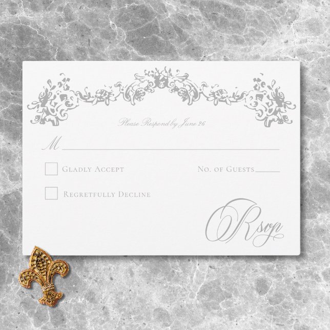 Cartão RSVP Casamento de Chinoiserie Cherub, Cinza de Luz Eleg (Elegant Light Gray Chinoiserie Cherub Wedding RSVP Card)