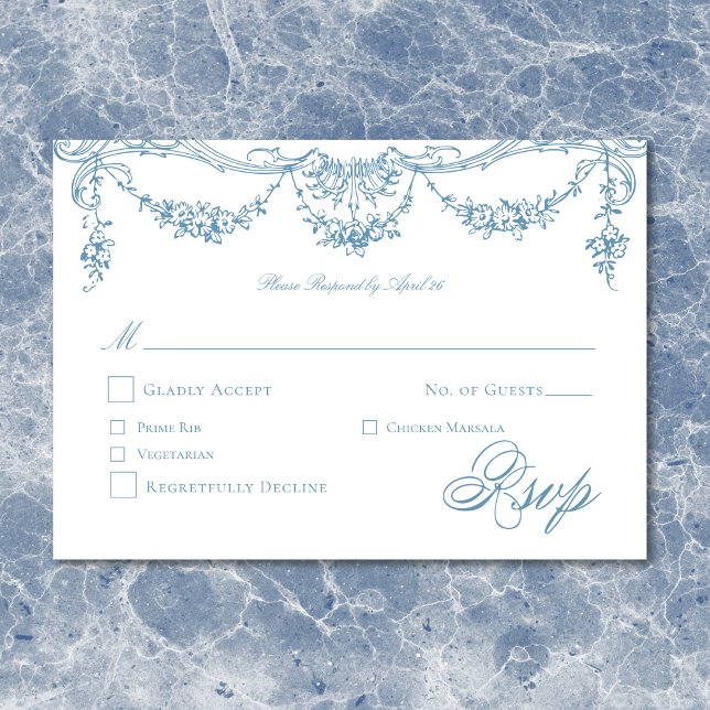 Cartão RSVP Casamento de Chinoiserie Chinoiserie Azul Elegante (Elegant French Blue Victorian Chinoiserie Wedding RSVP Card)