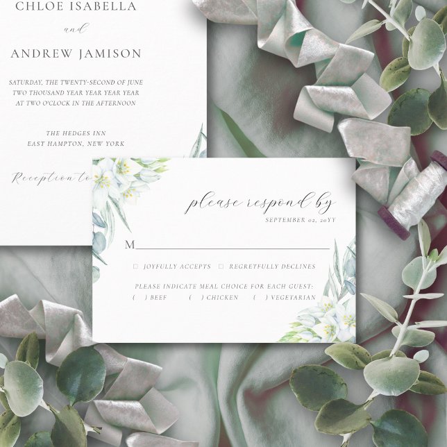 Cartão RSVP Casamento de Chloe Elegant Boho Greenery Meal Choi (White watercolor flowers and eucalyptus greenery RSVP card)